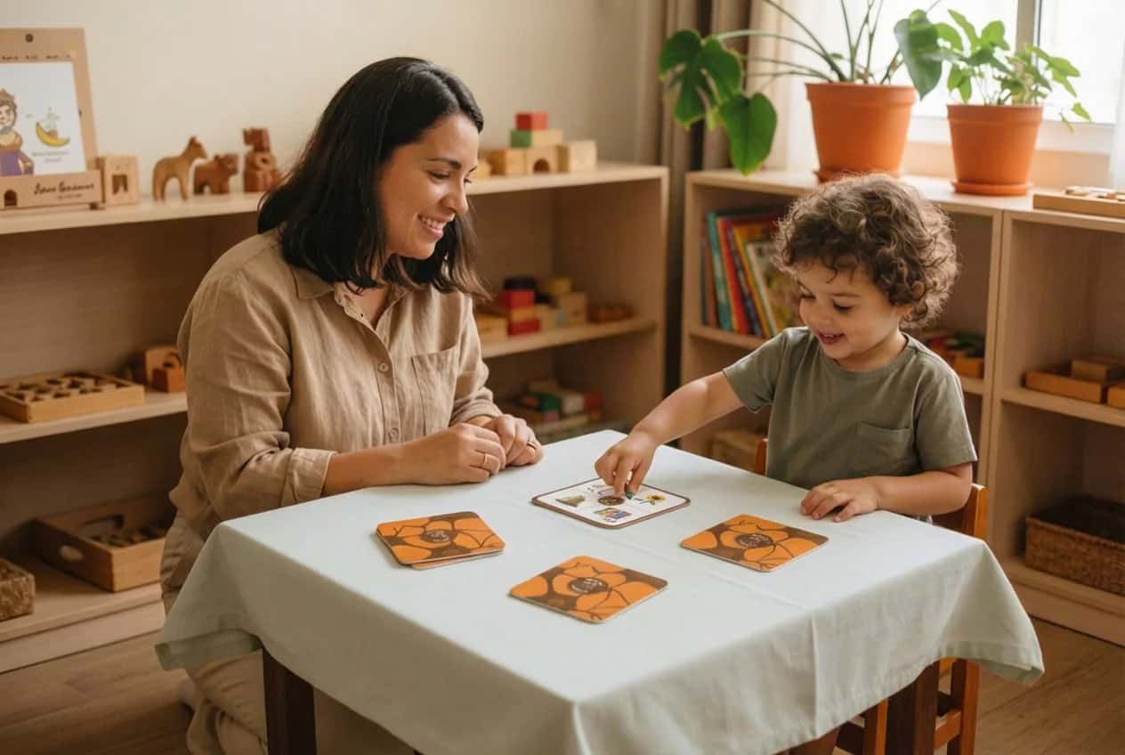 Educadora e criança brincando com jogos da Cria