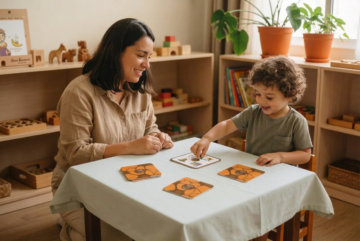 Educadora e criança brincando com jogos da Cria